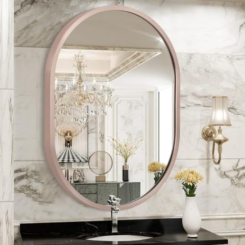 JJUUYOU Oval Wall Mirror with Metal Frame Circular Hanging Mirror for Bathroom Vanity Mirrors 40×30 CM Small Aluminum Alloy Make up Mirrors for Entryway Living Room Bedroom Dorm Decorative Purple