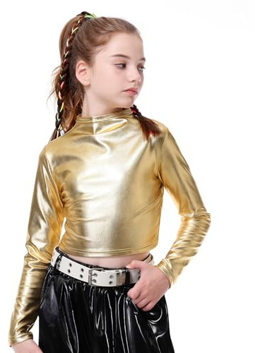 LOLANTA Girls Metallic Cropped Top Half Turtleneck, Sparkly Shiny Dance Shirt for Hip Hop, Disco, Stage & Party Wear, Gold, 6-7 Years, 130