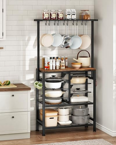 CHOEZON Pots and Pans Organizer Rack, Multi-Tier Baker's Rack, Kitchen Island Table, Cookware Organizer with Hooks and Shelves, Metal Frame, for Kitchen, Rustic Brown and Black DTPR60BF