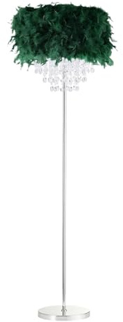Happy Homewares Modern and Chic Real Forest Green Feather Chandelier Style Floor Lamp with Waterfall Clear Acrylic Droplets | Chrome Metal Base and Stem