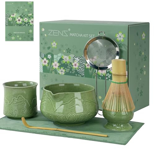 ZENS Matcha Set mit Blühende Tasse, 7 Stück Matcha-Set Grün für Geschenk | Keramik Matcha zubehör set mit Schale, Besen & halter, Bambusschaufel und Pulversieb & Teetuch für Matcha Ceremonial