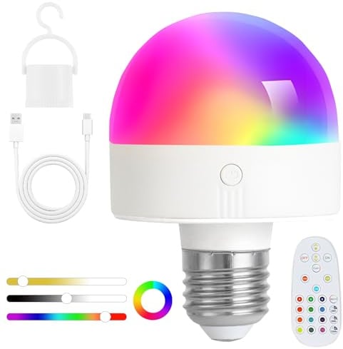 Fynokst Wiederaufladbare Glühbirne mit Fernbedienung, E27 Dimmbare RGB Farben LED Glühbirne mit Batterie, 6W Touch Control Akku Glühbirne Mit Timing-funktion, mit 3 Farbtemperaturen + 12 RGB 1 Pack