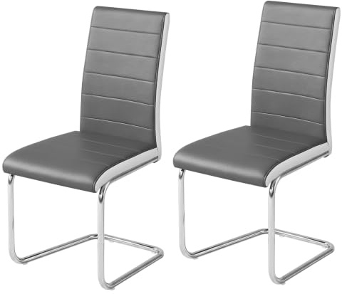 Panana Modern Dining Chair, Grey Faux Leather, High Back Dining Chairs with Chrome Base (2)