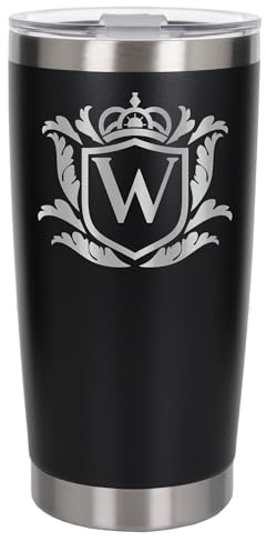 Customised Gifts 500ml Engraved Shield Initial Monogram Insulated Personalised Black Travel Mug for Men and Women - Personalised Initial Coffee Travel Mug for Hot and Cold Beverages, Letter W