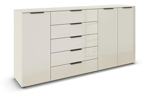Rauch Möbel Flipp, Kommode, Farbe Glas Beige, Breite 199 cm | Sideboard, 3-türig, 5 Schubladen, Glasfront, Soft-Close-Funktion, für Schlafzimmer, Gästezimmer, Wohnzimmer, Garderobe, Flur