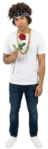 Pop Star Sänger Kostüm Set - Weißes T-Shirt, Schwarzes Bandana, Schwarze Afro-Perücke, Goldkette & Rote Rose Blume - Musik Tour Romantik Verkleidung Outfit für Konzerte Touren Halloween