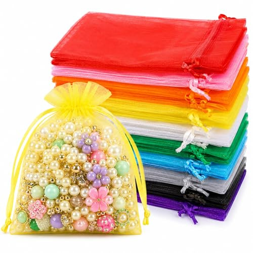Quelcc 100 Stück Organza Säckchen, 7x9 cm, Organzabeutel, Schmucksäckchen, Geschenktüten mit Kordelzug, für Hochzeit, Geburtstag, Weihnachten, Bunt