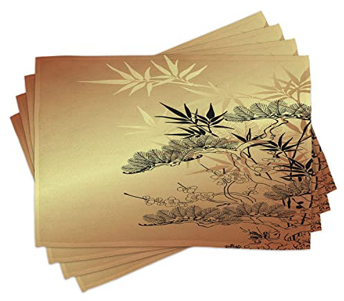 ABAKUHAUS japanisch Platzmatten, Niederlassungen Und Bambusmotive Mit Auffälliger Blatt Natur Illustration, Waschbare Stoff Esszimmer Küche Tischdekorations Digitaldruck, Bernstein Gelb