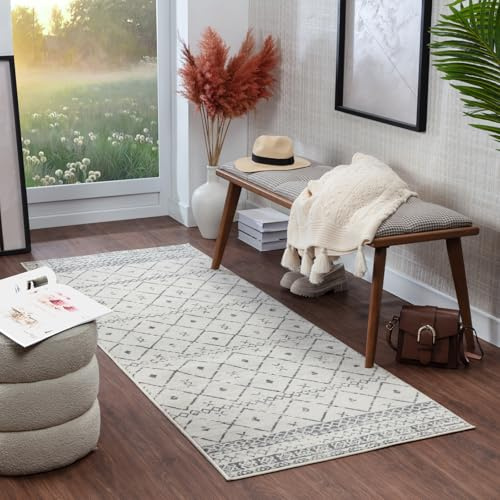 Livabliss Nagano Geometric Rug, Scandi Area Rugs Living Room 80x220 cm, Dining, Kitchen, Neutral, Abstract Patterned Rugs, Boho Style, Easy Care Pile, Large Rug, White and Grey