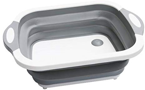 Cuenco plegable gris para lavado, Innovations multifunción, bandeja de secado, tabla de cortar portátil, cesta de drenaje retráctil para lavabo, bandeja de frutas y verduras
