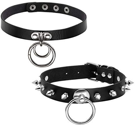 Manfnee Punk Gothic Kragen Choker PU Leder O Ring Metall Nieten Halskette für Mann Frauen verstellbar