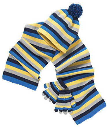 Younger Boys Girls Striped Winter Pom Pom Beanie Hat Scarf Gloves Set UK Seller - Blue Stripe - One Size 2-6 Years