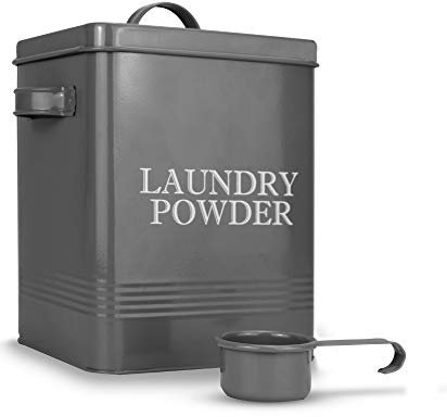 Laundry Powder Tin with Scoop | Grey Dishwasher Detergent Container | Cleaning & Washing Supplies | Coated Steel Box with Lid | Carry Handles | M&W