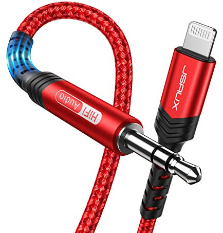 JSAUXAux Cable 1.8M [Apple Mfi Certified] Aux to Lightning Audio Cable Nylon Braided Lightning to 3.5mm Headphone Jack Cable Compatible with iPhone 12/12 Mini/12 Pro/11/X/XR/8/7 -Red