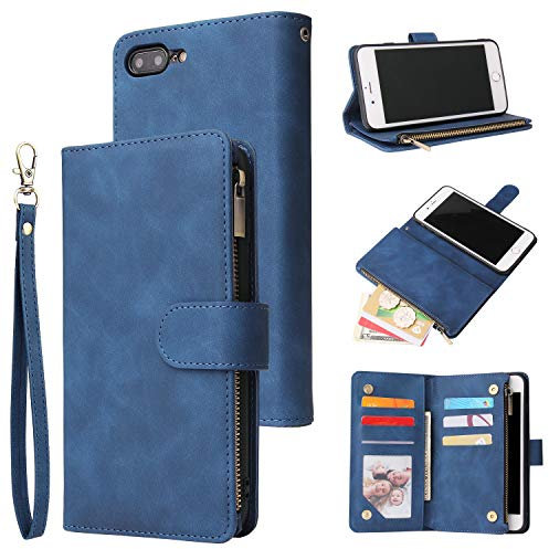 QLTYPRI Case for iPhone 7/8/SE 2020/SE 2022 5G, Large Capacity Leather Wallet Case 6 Card Holder & 1 Zipper Pocket Kickstand Wrist Strap Magnetic Shockproof Phone Cover - Blue