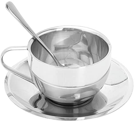 Tomaibaby Cup and Saucer Set: Stainless Steel Tea Cups and Saucers- European Espresso Coffee Mug - Silver Teacup for Home Restaurant Cafe Breakfast Afternoon Tea