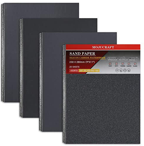 Mojucraft Schleifpapier Set, 20 Stück Nassschleifpapier Schleifpapier 280/400/600/1000 Körnung Schleifpapier fein Schleifpapier für Metall Holz Keramik Stein Auto Lack Glas 23cm x 28cm