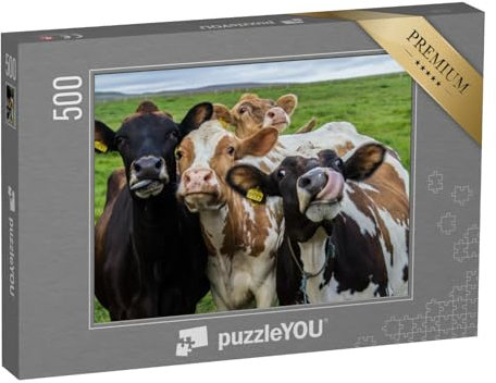 puzzleYOU: Puzzle 500 Teile „Vier lustige Kühe schauen in die Kamera“ – aus der Puzzle-Kollektion Kühe & Kälber