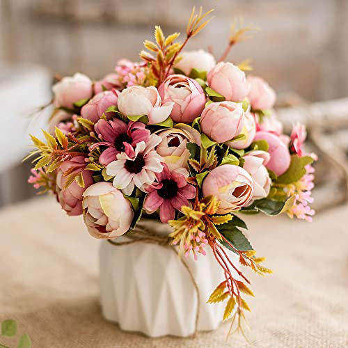 Künstliche Blumen Seidenrosen Blumensträuße Dekoration mit Keramikvase für Tisch Zuhause Büro Hochzeit (Pink Bud)