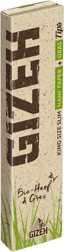 GIZEH Bio Hanf + Gras King Size Slim Papers + Tips, ungebleicht, 34 Blättchen + Tips pro Heftchen, 12 Heftchen