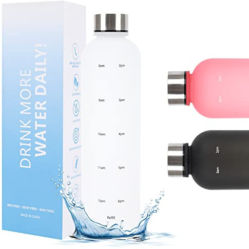 1 Litro Botella de agua,Botellas Deportivas reutilizable sin BPA prueba fugas con marcas de tiempo motivacionales, botella de agua linda gran capacidad para camping, ciclismo, escuela, oficina(Blanco)
