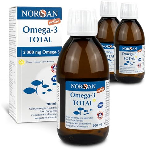 NORSAN Premium Omega 3 Fischöl Total Zitrone Online hochdosiert 3er Pack (3x 200 ml) / 2.000mg Omega 3 pro Portion/Omega 3 Öl mit EPA & DHA/Omega 3 Premium Öl mit 800 IE Vitamin D3