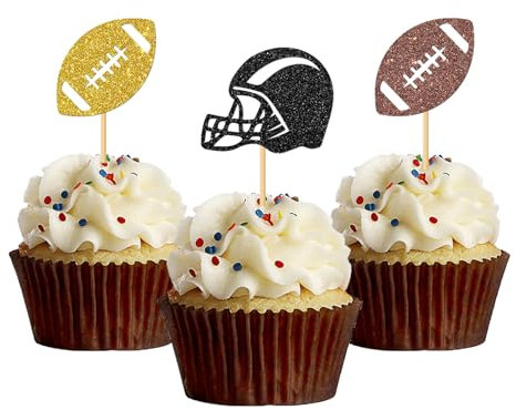 MonMon & Craft Football Cupcake Toppers / Sport Theme Rugby Cupcake Decor / Gender Reveal / Baby Shower Party Cupcake Decorations / American Football Enthusiast Cupcake Toppers - 24 Pcs Glitter