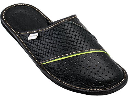ESTRO Hausschuhe Herren Leder Herrenhausschuhe - Hausschuh Männer Pantoffel Pantoffeln Pantoletten Slipper Mann M66 (45 EU, Schwarz)