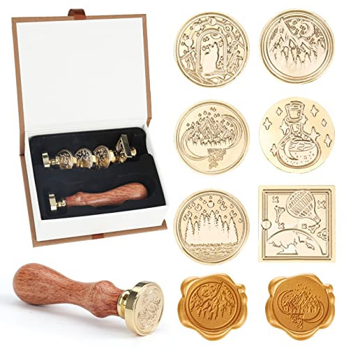 Wachssiegel Stempel Set, 6PC Klassische Wachs Siegel Stempel Messingköpfe mit 1 Holzgriff, Vintage Wax Seal Stamp Kit für Karten Umschlag Postkarte Etikett Hochzeit Einladung