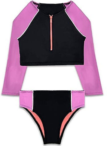Gifts Treat Girls Rash Guard Sets Two Piece Swimsuit UPF 50+ Sun Protection Long Sleeve Swimming Costume Age 5-14 Years,9-10T