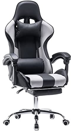Panana Racing Gaming Chair Padded Armrest Reclining Gas Lift Swivel Chair with Footrest (Grey)