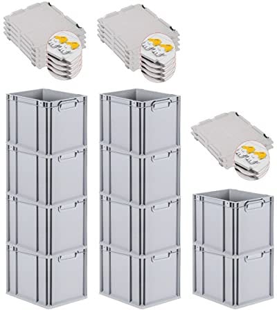 PROREGAL SuperSparSet 10x Eurobox NextGen Grip mit Scharnierdeckel und gelben Schiebeschnappverschlüssen, HxBxT 32x30x40cm, 30 L, Grau, Griffe geschlossen, Eurobehälter, Transportbox