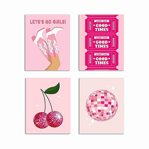 KEUSPI Hot Pink Trendy Preppy Y2K Let's Go Girls Cowgirl Boots Discokugel Cheery Good Times Ticket Wandkunst Poster Drucke für Schlafzimmer Wohnheim Dekor, Rosa Poster, ungerahmt 20,3 x 25,4 cm, 4
