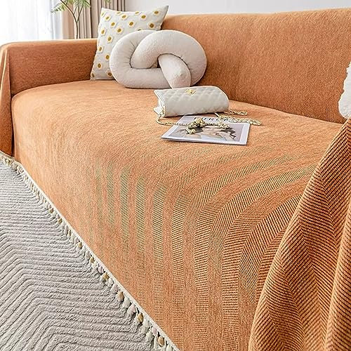 Mesnt Sofabezug Recamiere, Chenille Waschbar Sofa Protection Cover Schonbezug Couch Fischgrätenmuster, einfarbig, mit Quaste Orange, 180x180CM