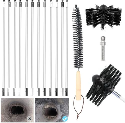 14 Stk Kaminbürste Stange Set, Kanalentlüftungs Reinigungs set,Bürste für Schornstein Ofenrohre mit 12 Flexible Nylonstangen 410 mm und 2 Bürstenköpfe,Reinigungsbürsten Kit für Kamin/Abwasserrohr