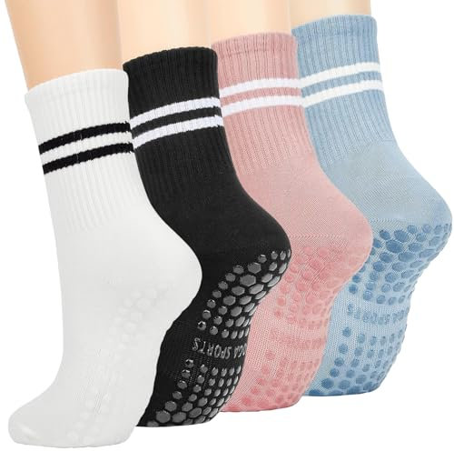 EUDUQ Stoppersocken Damen 35-40, 4 Paar Antirutschsocken mit Noppen für Yoga, Pilates, Barre, Trampolin und Sportsocken in Schwarz/Weiß/Hellblau/Rosa