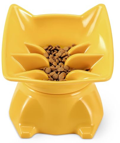 DNOYEUS Tilted Raised Slow Feeder for Cats & Small Dogs, Cute Elevated Cat Bowls and Dishes, Food Grade Porcelain Imitated Material, 3.5'' High, Yellow
