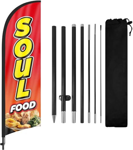 FSFLAG Soul Food Federflagge mit Fahnenmast-Kit und Erdspieß, 2,5 m Soul Food, windlose Flagge, Banner, Schild, Geschäft für Außenwerbung