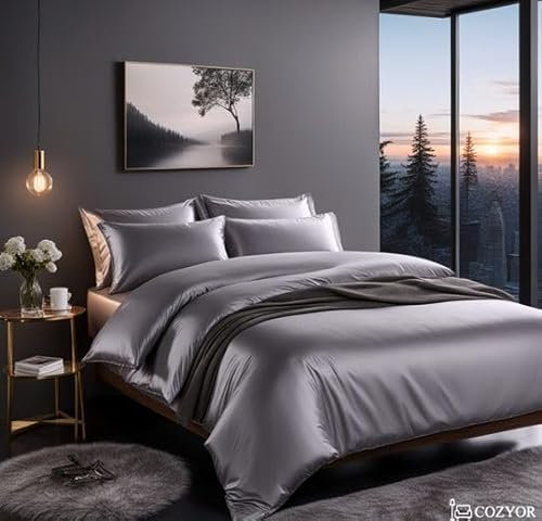 Cozyor Satin Bettwäsche 200x200 extra dick und weich mit robustem Reißverschluss 2X Kissenbezug 80x80 cm, edles Satin 3-teilig, hellgrau Moonlight