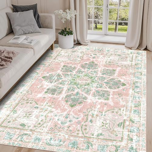 Vhong Tapis bohème vintage lavable neutre, moderne, rose poudré et vert, tapis antidérapant pour chambre d'enfant, salon, salle à manger, chambre à coucher, ferme et chambre de fille 152 x 183 cm