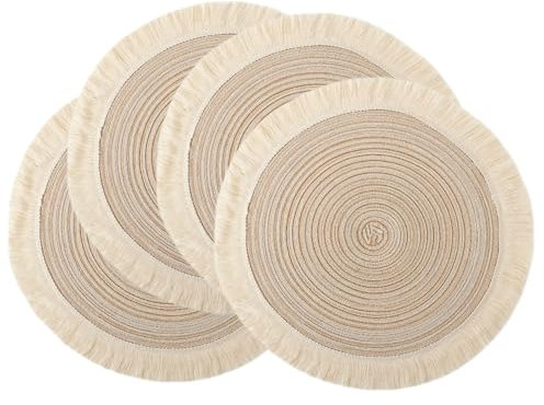 Runde Boho-Tischsets Aus Baumwolle, 38,1 cm, Mit Quasten - Hitzebeständig für Heiße Gerichte und Getränke, Esstisch, Heimdekoration, Tischplattenschutz (Beige)