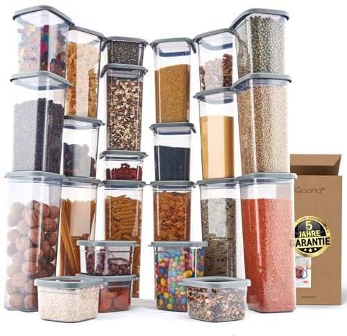 QOONA Luftdichte Vorratsdosen mit Deckel [24er-Set] Anthrazit - Stapelbar & platzsparend für die Küche, Vorratsgläser luftdicht, Mehl Aufbewahrung, Food Container, Vorratsbehälter, Aufbewahrungsbox