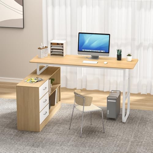 Saterkali L Shaped Computer Desk with Drawers,55 Inch Corner Desk with 3 Drawers and 2 Shelves,L-shaped Corner Desk with Storage Shelf Wood Workstation Executive Desk for Home Office 140cm