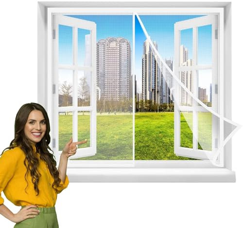 Magnet Fliegengitter Fenster 85x125cm Netz katzennetz,Vorhang Fliegenvorhang Moskitonetz für Balkontür Wohnzimmer Terrassentür Automatisches Schließen,Klebemontage ohne Bohren Weiß