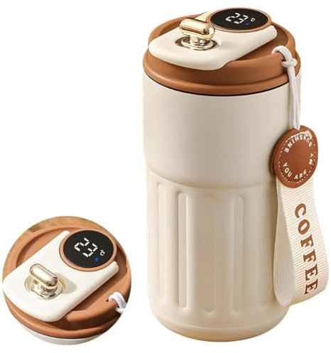 FlyHigh Thermosbecher mit Temperaturanzeige & Trageschlaufe – Isolierbecher für Kaffee & Tee, 450ml, Edelstahl – Warmhaltender Trinkbecher für Unterwegs (Braun)