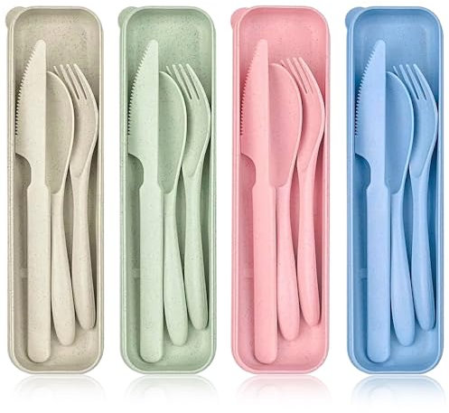 4 Sets Portable Travel Cutlery Set with Case, Reusable Plastic Camping Cutlery Set, Plastic Cutlery Set with Spoons Fork Knife for Picnic Camping