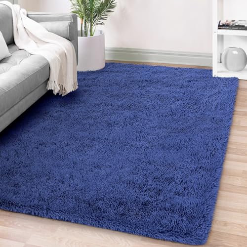 FVVRAX Flauschiger Hochflor Teppich 120x180 cm Marineblau | Extra weicher Shaggy Teppich rutschfest für Wohnzimmer Schlafzimmer | Kuscheliger Bodenteppich für Kinder Haustiere