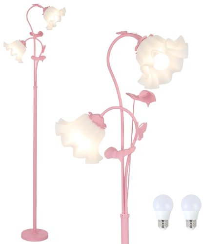 Stepeak Flower Floor Lamps for Living Room, Modern Standard Lamps with 2 Bulbs, DIY Floor Standing Lamp with Flower Shades & Foot Switch, Pink Tall Floor Lamp for Bedroom Office Hallway Dining Room
