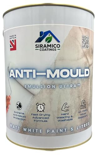 SIRAMICO COATINGS Anti-Mould Emulsion Ultra™ White Paint | 5 Litres 10 Year Anti Mould Protection Emulsion Paint for Bathrooms, Kitchens, Walls and Ceilings (5 Litre)
