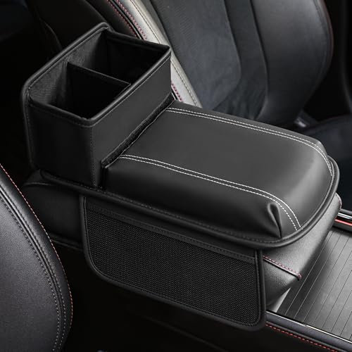 Qirc Car Armrest Cushion, Upgraded PU Leather Car Arm Rest Cover with Cup Holder and Storage Bag, Universal Memory Foam Center Console Pad for Car/Truck/Auto/SUV (Black)
